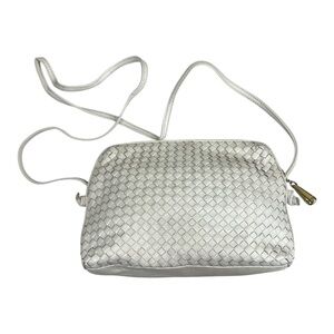 Ganson White Woven Leather Crossbody Bag Vintage Intrecciato Style Shoulder Purs